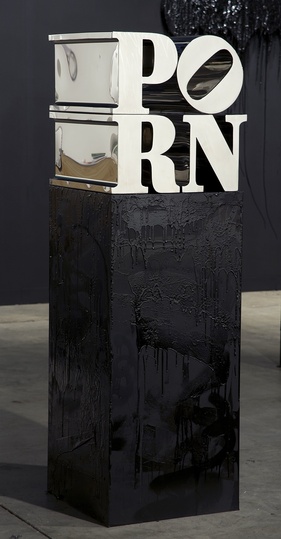 Urban Gothic: PORN, 2009 edition of 6, 50x50x50 cm, stainless steel with black pedestal. Courtesy: The Breeder Athens. This work refers to Robert Indiana’s work, LOVE. In this day and age,  extreme vulgarization and far-reaching commercialization reign free.