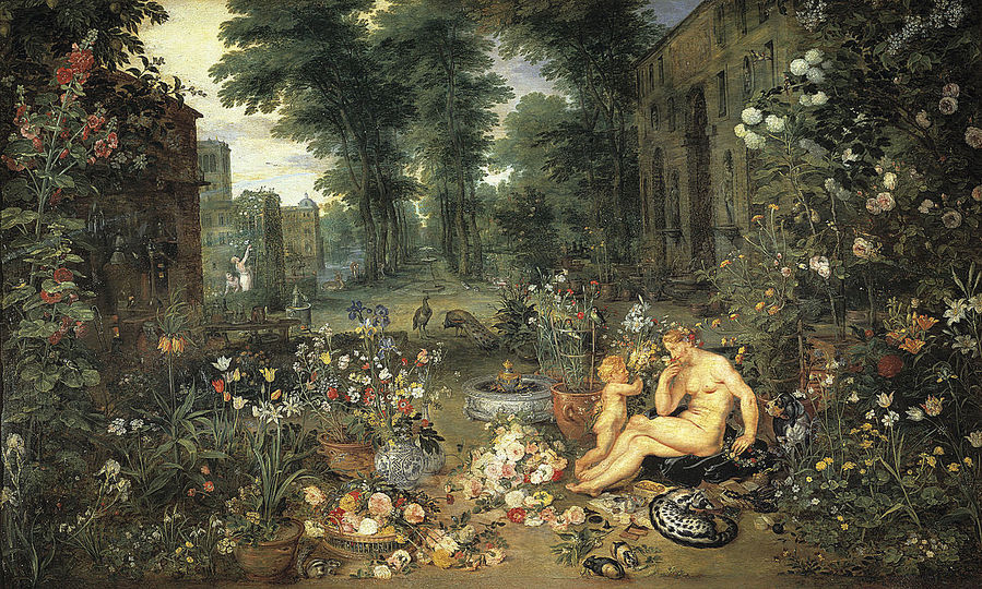 Baroque Co-creation: Jan Brueghel I and Rubens: Jan Brueghel and Peter Paul Rubens, Allegory of the Five Senses - Smell, . c. 1617-1618, Oil on panel, 65 x 111 cm, Prado Museum.