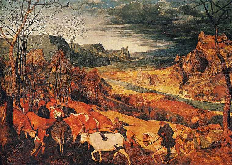 The Return of the Herd: Pieter Brueghel the Elder, The Return of the Herd, 1565, Oil on wood, 117 cm × 159 cm (46 in × 62 1⁄2 in). Kunsthistorisches Museum, Vienna