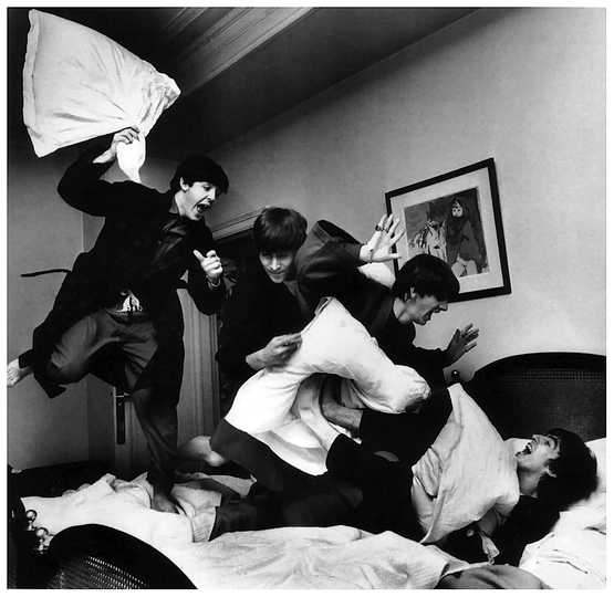 I Feel Fine: Pillow Fight is a photo taken by Harry Benson who followed the Beatles during their tour in France in 1964. As Benson and the Beatles gathered in their suite one night, they learned that their hit 
