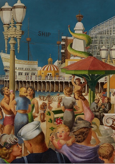 Venice of America: Deatil from the painting depicting visitors enjoying Venice of America theme park. It featured foreign exhibits, amusements, and freak shows. Trolley service was available from Downtown Los Angeles and nearby Santa Monica. Visitors were dazzled by the system of canals complete with gondolas and gondoliers brought in from Venice, Italy. There were ornate Venetian-style businesses and a full-sized amusement pier. Around the entire park, a miniature steam railroad ran on a 2 1⁄2-mile (4.0 km) track. Kinney and some of the nearby residents were aghast at some of the low-class shows that Venice began to offer, but it was considered the best collection of amusement devices on the Pacific Coast, and made a handsome profit.