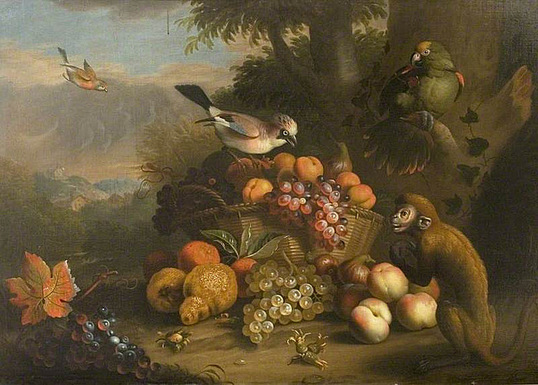Still Life Monkeys: George Lance, Still Life with Monkey, Sparrow and Fruit, c.1850, Oil on canvas, 54.6 x 47.6 cm. Colchester and Ipswich Museum Service: Colchester Collection.