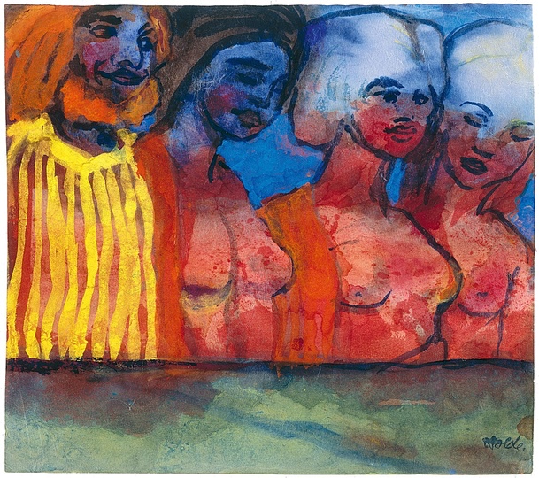 Emil Nolde: Strange Man with Three Nude Women (Semi-Nude), between 1938 and 1945, Watercolour on Japanese paper, 23.1 x 26.0 cm. Nolde Stiftung Seebüll.