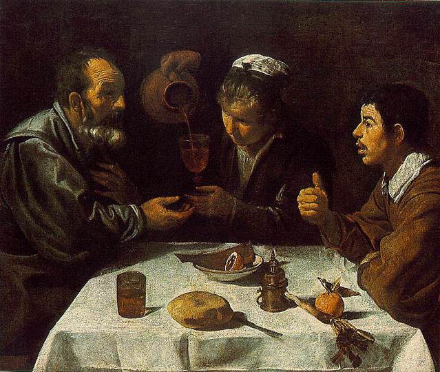 Diego Velázquez: This bodegones painting is believed to be a collaboration of Velazquez and one of his atelier assistants. Diego Velázquez, Peasants 
at table (El Almuerzo) c. 1618–1620, Oil on canvas, 96 x 112 cm. Budapest, Szépmu