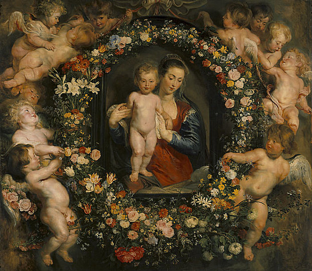 Baroque Co-creation: Jan Brueghel I and Rubens: Peter Paul Rubens (1577-1640) and Jan Brueghel the Elder (1568-1625), Madonna in a Flower Garland,
ca. 1616-18. O i l on panel,
185 x 209.8 cm (72% x 825/s in.). Alte Pinakothek, Munich.