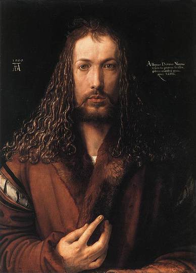 Albrecht Dürer: Melancholia: Self-portrait in a Fur-Collared Robe, 1500, oil on linden wood,
Collection: Alte Pinakothek, München.