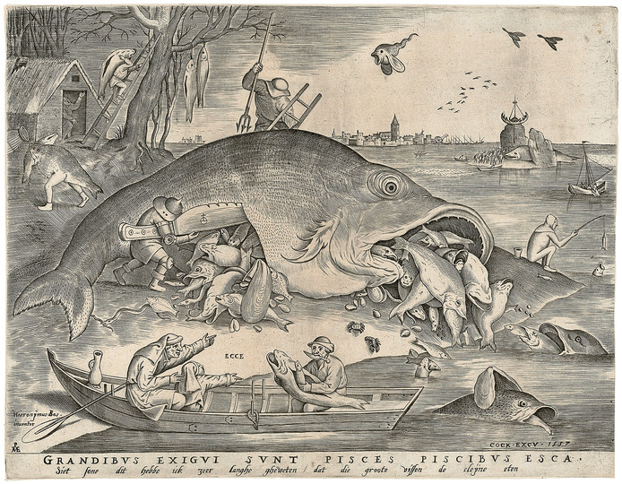 Pieter Bruegel: Pieter van der Heyden after Pieter Bruegel the Elder
Big Fish Eat Little Fish
1557
Engraving, 230 × 296 mm, first state of four
Vienna, Albertina
© Albertina, Wien
