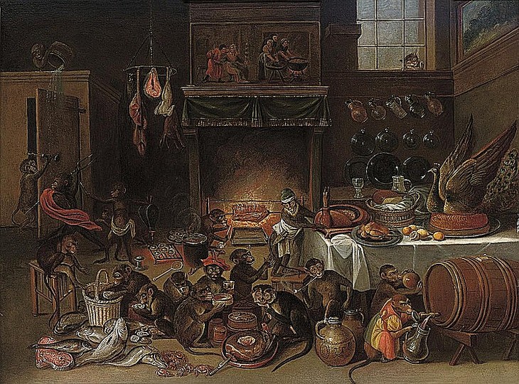 Still Life Monkeys: Circle of Ferdinand van Kessel (Antwerp 1648-1696 Breda) , A singerie in a kitchen, oil on panel, 21 x 27¾ in. (53.4 x 70.5 cm.) Private Collection.