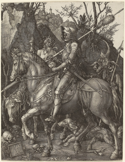 Albrecht Dürer: Melancholia: The second Meisterstiche series 〈Knight, Death, and the Devil〉1513, Engraving, 9.6 in × 7.5 in. (24.5 cm × 19.1 cm) Currenly held in mulple locations.