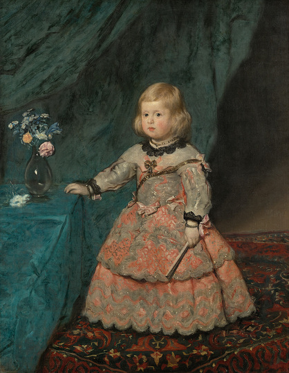 Diego Velázquez: In the 17th century the Spanish Habsburgs sent portraits of their children to their Habsburg cousins in Vienna. Among the most beautiful are the three portraits by Velázquez depicting Infanta Margarita aged two, aged five (in a white dress) and aged eight (in a blue dress). She was the daughter of Philip IV and his second wife Mariana of Austria. Diego Velázquez, Infanta Margarita (1651–1673) in a Pink Dress, 1654, 
Oil on canvas, 128,5 x 100 cm © Vienna,Kunsthistorisches Museum