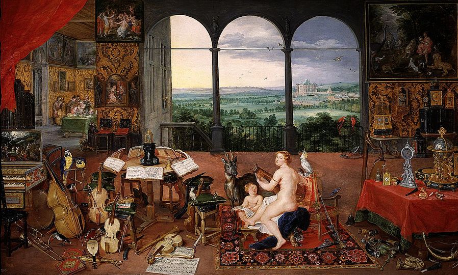 Baroque Co-creation: Jan Brueghel I and Rubens: Jan Brueghel and Peter Paul Rubens, Allegory of the Five Senses - Hearing, . c. 1617-1618, Oil on panel, 65 x 111 cm, Prado Museum.