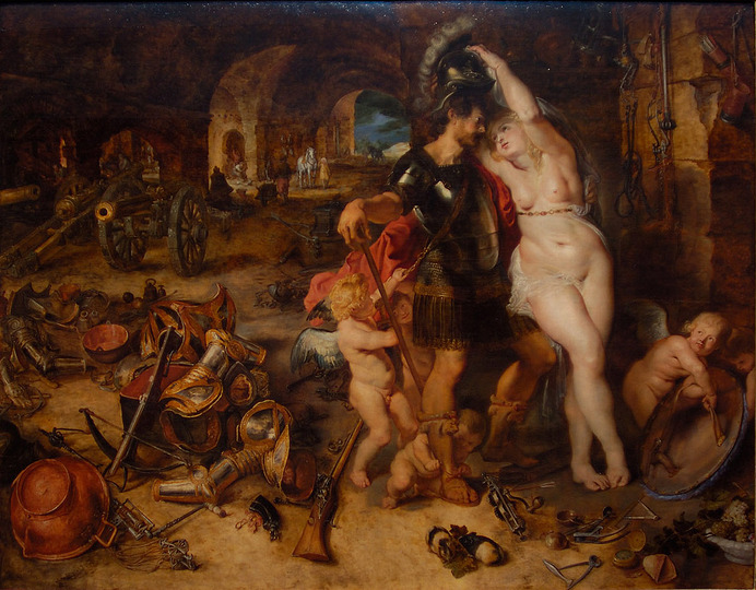 Baroque Co-creation: Jan Brueghel I and Rubens: The Return from War: Mars Disarmed by Venus by Peter Paul Rubens and Jan Brueghel the Elder, painter Flemish, Antwerp, about 1610 - 1612, Oil on panel, 50 1/8 x 64 3/8 in. The Getty Center Los Angeles.