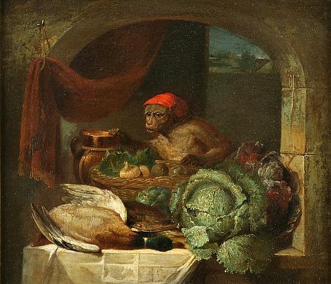 Still Life Monkeys: In the manner of Ferdinand van Kessel (Flemish, 1648–1696), Still Life with Monkey, oil on canvas, 35.5 x 41.3 cm. (14 x 16.3 in.).
