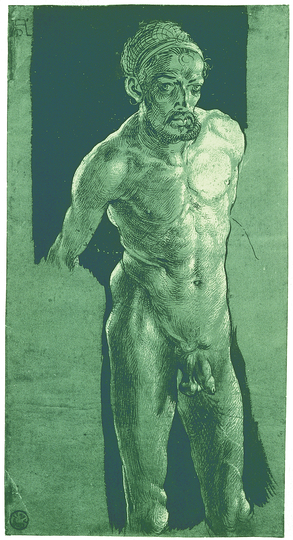 Albrecht Dürer: Melancholia: Nude Self-Portrait, 1500-05,  pen, brush and black ink, heightened with white, on green prepared paper, 29.1 x 15.3 cm, Stiftung Weimarer Klassik und Kunstsammlungen, Schlossmuseum, Graphische Sammlung, Weimar.