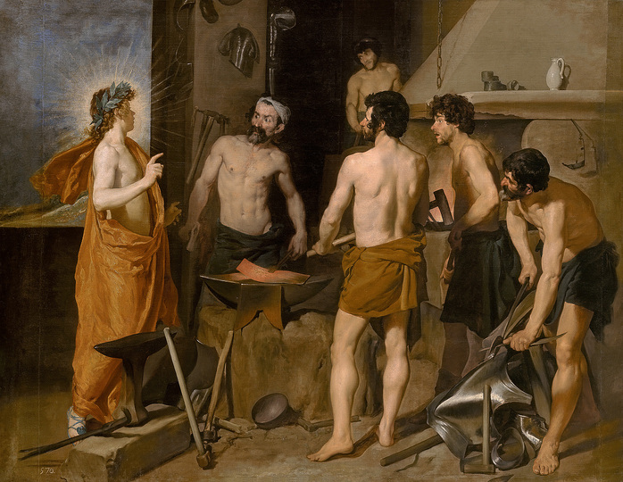 Diego Velázquez: Velázquez painted a number of scenes from Greek & Roman myths. Ovid records that Venus cheated on her husband Vulcan with Mars. Here, Velázquez depicts the moment when Apollo enters Vulcan’s forge to tell him of his wife’s infidelity. Apollo’s ideal youthful beauty is set off by the realistic rendering of the divine blacksmith and his assistants. These men are used to hard labour, their gestures and expressions are extremely life-like. At the same time their semi-nude bodies are informed by classical sculpture. Diego Velázquez, Vulcan’s Forge, 1630, Oil on canvas, 223 x 290 cm © Madrid, Museo Nacional del Prado