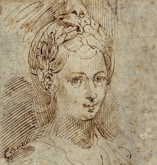 Parmigianino: Schiava Turca: Parmigianino’s compositional drawing of a Bust of a Woman, in the Devonshire collection at Chatsworth. The pen-and-ink drawing, which had not previously been linked to any specific project, shares the bust-length format of the Schiava Turca (although the woman in the drawing poses with her head facing in the same direction as her body). In the drawing, the woman wears a balzo-like headdress decorated with a wreath of laurel leaves. In the classical tradition, laurel leaves are used to crown accomplished poets. As it shows the artist experimenting with the standard iconography of poetry, the drawing may record an early idea for the Schiava Turca. Parmigianino’s use of an ornamental  Pegasus badge to mark the Schiava Turca as a poet is a subtle (and indeed  poetic) solution.
