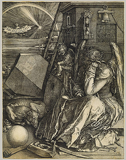 Albrecht Dürer: Melancholia: Dürer's 〈Melencolia I〉 is one of three large prints of 1513–14 known as his Meisterstiche (master engravings). The other two are 〈Knight, Death, and the Devil〉 and 〈Saint Jerome in His Study〉. Though they do not form a series in the strict sense, the prints do correspond to the three kinds of virtue in medieval scholasticism—moral, theological, and intellectual—and they embody the complexity of Dürer's conception. Albrecht Dürer (1471–1528), Melencolia I, 1514. Engraving, 9 1/2 x 7 3/8 in. (24 x 18.5 cm) Harris Brisbane Dick Fund, 1943.