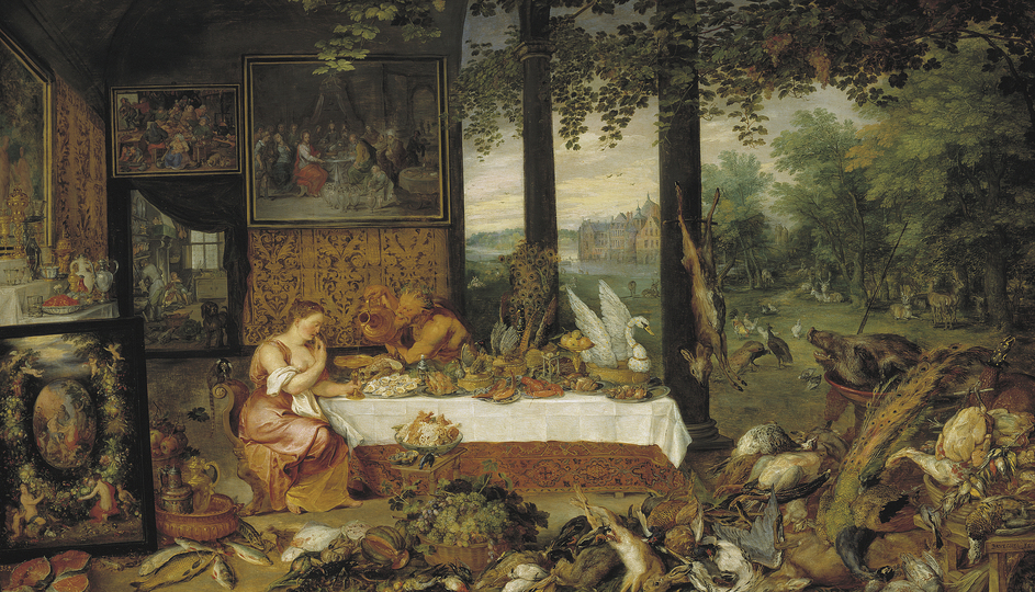 Baroque Co-creation: Jan Brueghel I and Rubens: Jan Brueghel and Peter Paul Rubens, Allegory of the Five Senses - Taste, . c. 1617-1618, Oil on panel, 65 x 111 cm, Prado Museum.