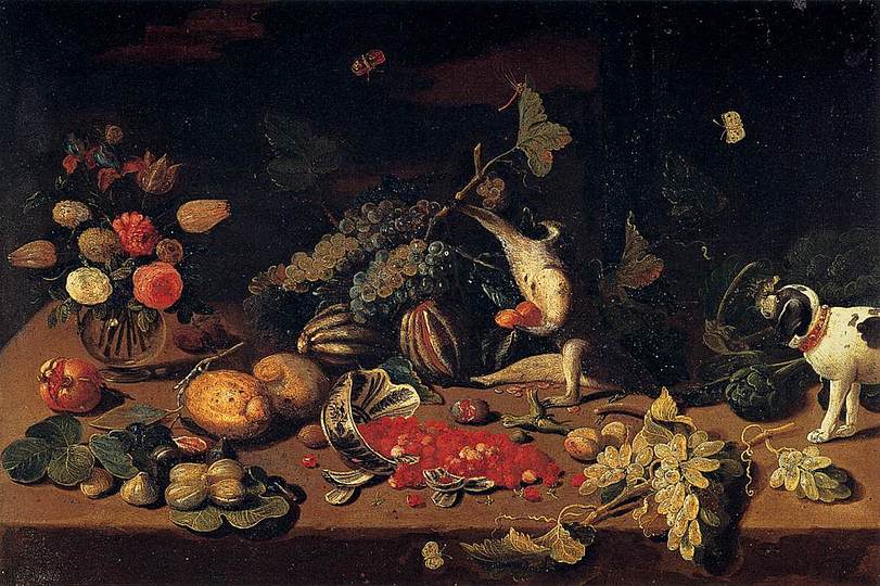 Still Life Monkeys: Jan van Kessel (1), Still Life with a Monkey stealing Fruit, 1660s, oil on copper, 23 x 33 cm, Pitti Palace.