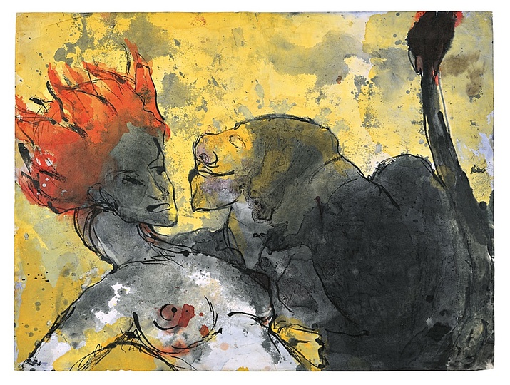 Emil Nolde: Animal and Woman, between 1931 and 1935, Watercolour and Indian ink on Japanese paper, 45.5 x 60.8 cm. Nolde Stiftung Seebüll.