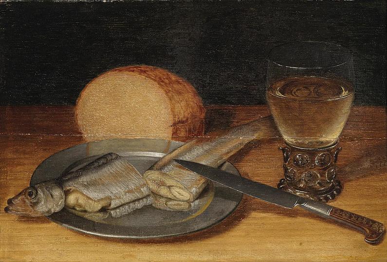 Georg Flegel: Still Life Painter: Still life with meal during fasting, 17th century, oil on panel, 24 × 35.2 cm (9.4 × 13.9 in) Source/Photographer Dorotheum.