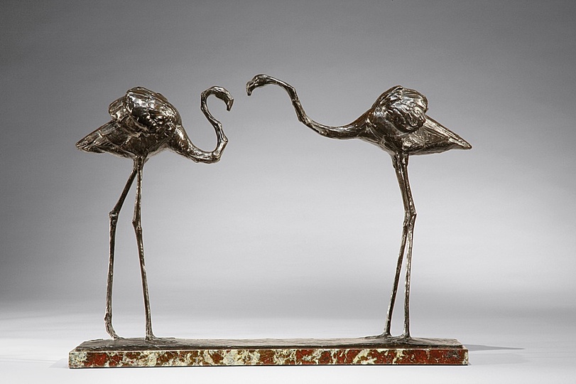 Rembrandt Bugatti: Thanks to his collaboration with the bronze caster Adrien-Aurélien Hébrard, excellent bronze casts of his works became part of many collections. Rembrandt Bugatti, Two Flamingos (Groupe de deux flamants), circa 1912, Bronze, 38 x 49 x 13 cm. Private Collection. Photo: Peter John Gates.