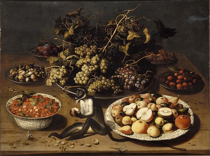 Still Life Monkeys: Osias Beert (I) (circa 1580–1623), Still Life with Monkey, 1598-1623, oil on panel, 97 cm (38.2 in) x 126 cm (49.6 in). Musée des Beaux-Arts de Nantes.