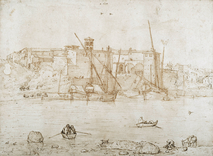 Pieter Bruegel: Pieter Bruegel the Elder (c. 1525/30 Breugel or Antwerp? – 1569 Brussels)
View of the Ripa Grande in Rome
c. 1555/56
Pen and red-brown and dark brown ink, 207 × 283 mm
© Devonshire Collection, Chatsworth
Reproduced by permission of Chatsworth Settlement Trustees
