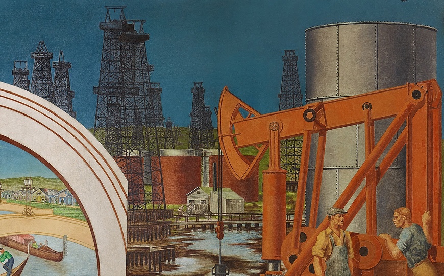 Venice of America: Detail from the painting with scenes of industry.