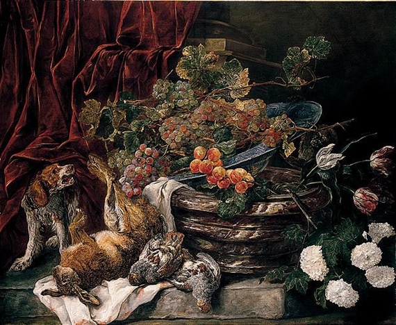 Still Life Monkeys: Jan Fyt, A Still Life of Flowers, Fruit and Game with a Dog and  a Monkey, oil on canvas.