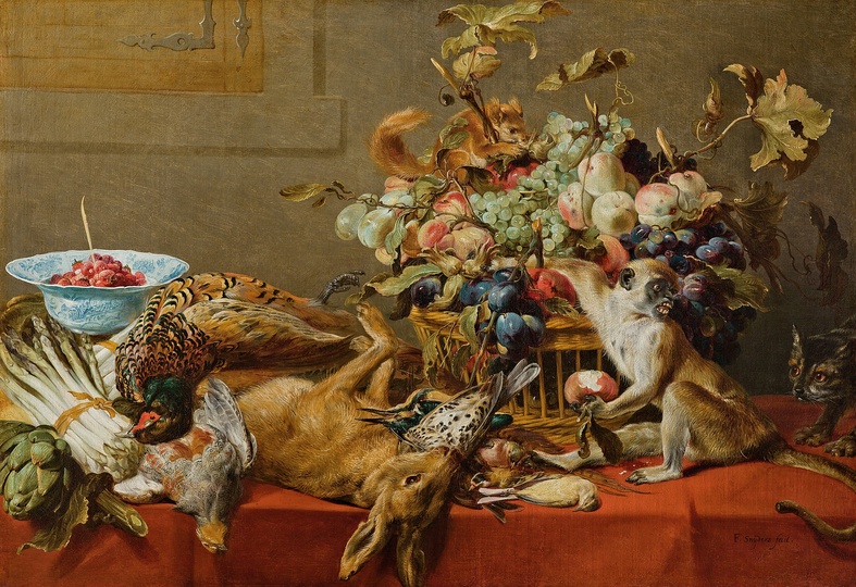 Still Life Monkeys: Frans Snyders, Still Life with Fruit, Dead Game, Vegetables, and a Live Monkey, Squirrel and Cat, circa 1593 and circa 1657.