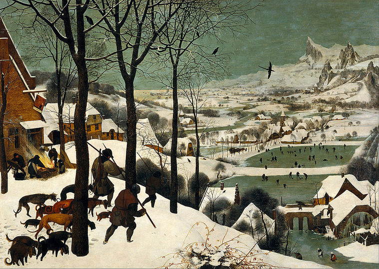 The Hunters in the Snow: Pieter Bruegel the Elder, The Hunters in the Snow, 1565, Oil on wood panel, 117 cm × 162 cm (46 in × 63¾ in) Collection: Kunsthistorisches Museum, Vienna, Austria.