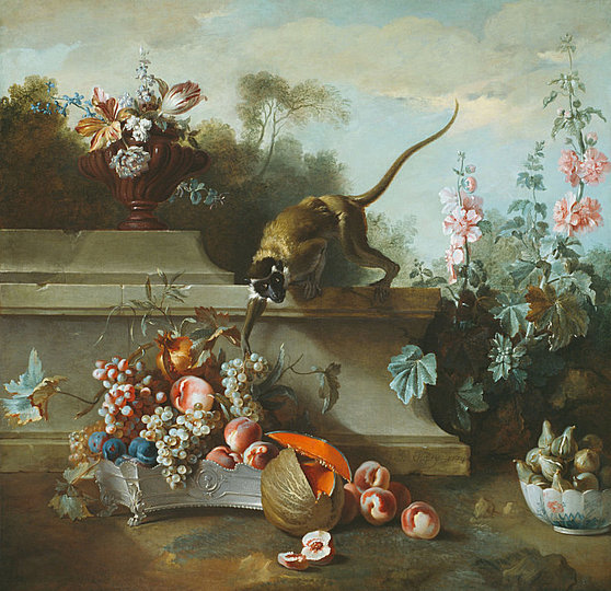 Still Life Monkeys: Jean-Baptiste Oudry, Still Life with Monkey, Fruits, and Flowers, 1724.