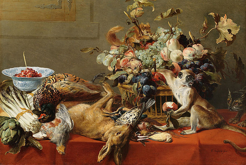 Still Life Monkeys: Frans Snyders, Still Life with Fruit, Dead Game, Vegetables, and a Live Monkey, Squirrel and Cat, circa 1593 and circa 1657.