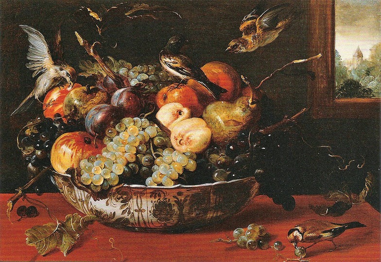 Still Life Monkeys: Frans Snyders, Still Life with Fruit Bowl, Birds, and Window, 46 x 64 cm, Öl auf Holz, 1610s. Source: William B. Jordan, Juan van der Hamen y León & The Court of Madrid, New Haven, Connecticut 2005.