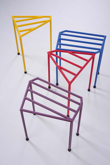 Upcycled: Cheng Biliang, Steel Bar, Combination Stool, 2016, Armouring irons, H 45 x W 30 x D 40 cm, Sample 1: yellow, Sample 2: blue, Sample 3: red, Sample 4: lilac, © Biliang Cheng

