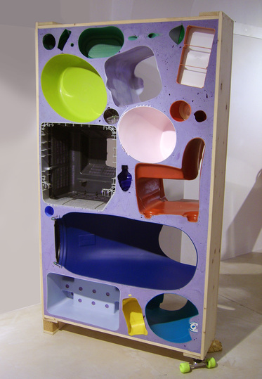 Upcycled: Massimiliano Adami, Fossili Moderni, Room divider, 2006, Wood case, polyurethane foam, plastic objects, H 191 x W 110 x D 48 cm, © Massimiliano Adami
