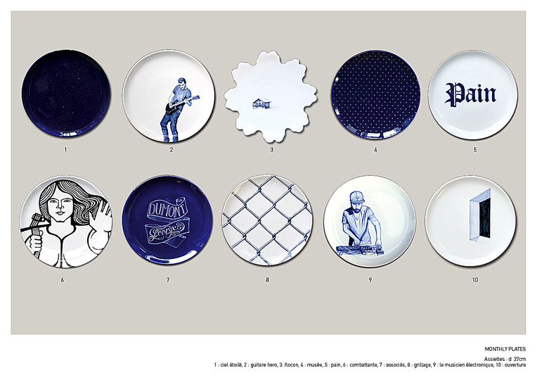 Serve Up!: MONTHLY PLATES. Plate d : 27cm 1 : ciel étoilé, 2 : guitare hero, 3: flocon, 4 : musée, 5 : pain, 6 : combattante, 7 : associés, 8 : grillage, 9 : le musicien électronique, 10 : ouverture. Designer : faienceriegeorges. Stand name : FAÏENCERIE GEORGES. Show : MAISON&OBJET Copyright : Plate d : 27cm 1 : ciel étoilé, 2 : guitare hero, 3: flocon, 4 : musée, 5 : pain, 6 : combattante, 7 : associés, 8 : grillage, 9 : le musicien élect