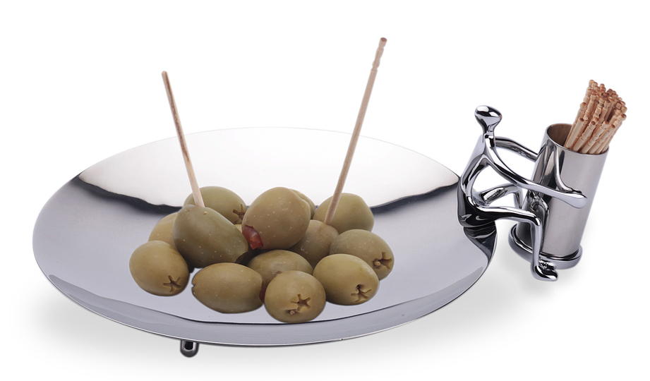 Serve Up!: Bazaar Olive Dish. Pick Olives or hors d'oeuvre - small bites served right! In chromed brass & stainless steel 12 cm dia x 5.5 cm 17.5 cm dia x 7 cm. Designer : Mukul Goyal. Stand name : PULSAÏ / MUKUL GOYAL / NICK MUNRO. Show : MAISON&OBJET Copyright : Mukul Goyal