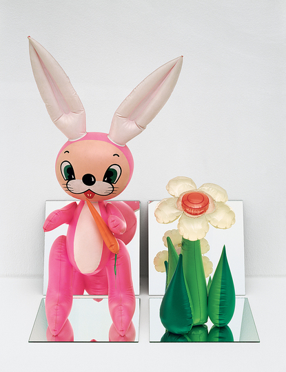Jeff Koons at the Whitney: Inflatable Flower and Bunny (Tall White, Pink Bunny), 1979 (partially prefabricated 2014) vinyl and mirrors, 81.3 x 63.5 x 48.3 cm. The Broad Art Foundation, Santa Monica.