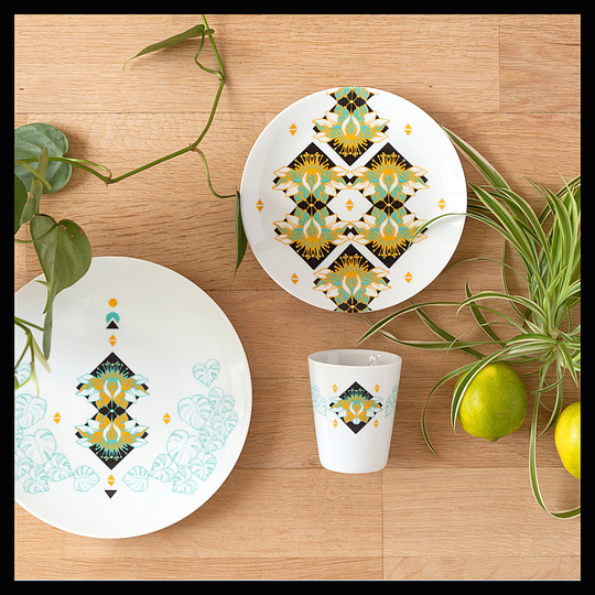 Serve Up!: West Indies collection - Grenada pattern. French white genuine porcelain. Dessert plate Ø21cm. Small plate Ø17cm. Cup 20cl. Designer: EmilieBok'. Stand name : EMILIEBOK'. Show : MAISON&OBJET  Copyright : © EmilieBok' / Lucas Matichard.