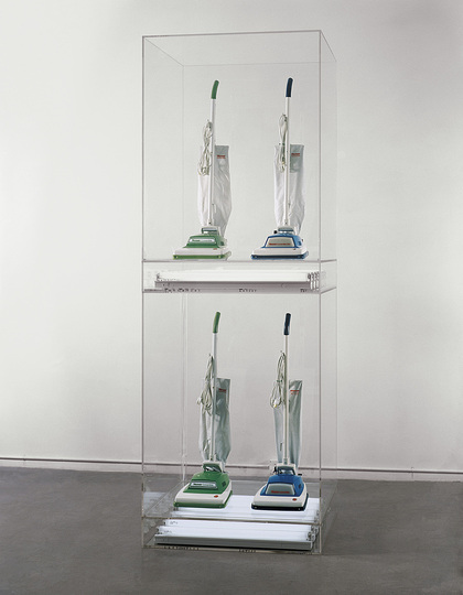 Jeff Koons at the Whitney: New Hoover Covertibles Green, Blue, New Hoover Convertibles Green, Blue Doubledecker, 1981-87, four vacuum cleaners, acrylic and fluorescent lights, 294.6 x 104.1 x 71.1 cm. Whitney Museum of American Art, purchase with funds from The Sondra and Charles Gilman, Jr. Foundation, Inc., and the Painting and Sculpture Committee.