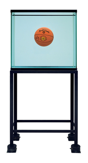 Jeff Koons at the Whitney: One Ball Total Equilibrium Tank (Spalding Dr. J 241 Series), 1985, glass, steel, sodium chloride reagent, distilled water and basketball, 164.578.1 33.7 cm) Edition no.2/2. Collection of B.Z. and Michael Schwartz.