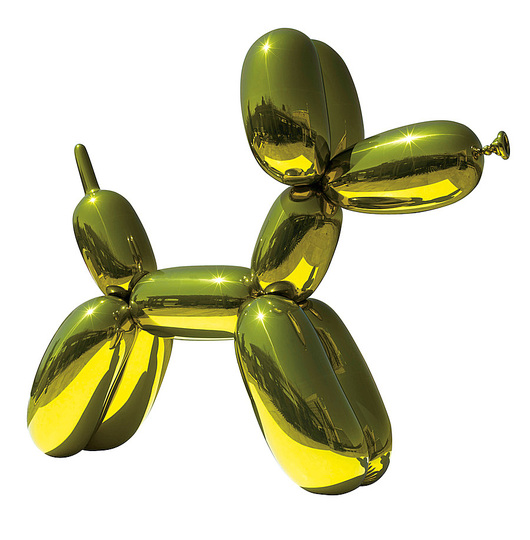 Jeff Koons at the Whitney: Balloon Dog (Yellow), 1994-2000,mirror-polished stainless steel with transparent color coating, 307 x 363.2 x 114. 3 cm. One of five unique versions. Private collection.