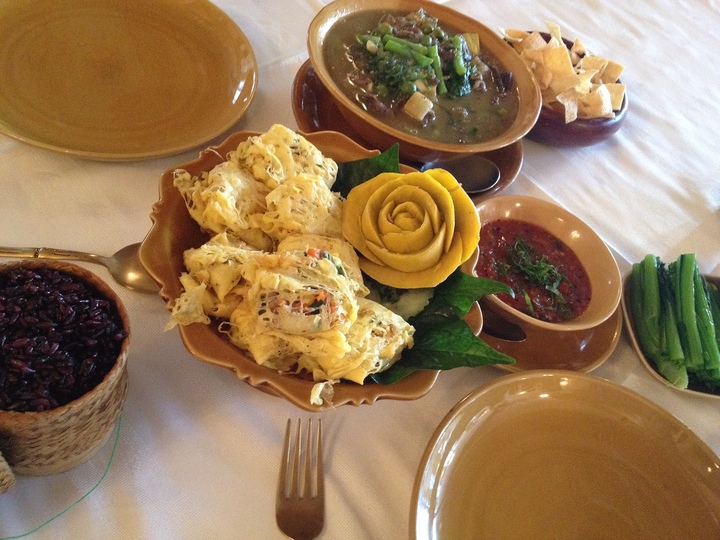 Thai Culinarium: Laotian egg rolls, Laotian tomato dip, red rice, beef stew