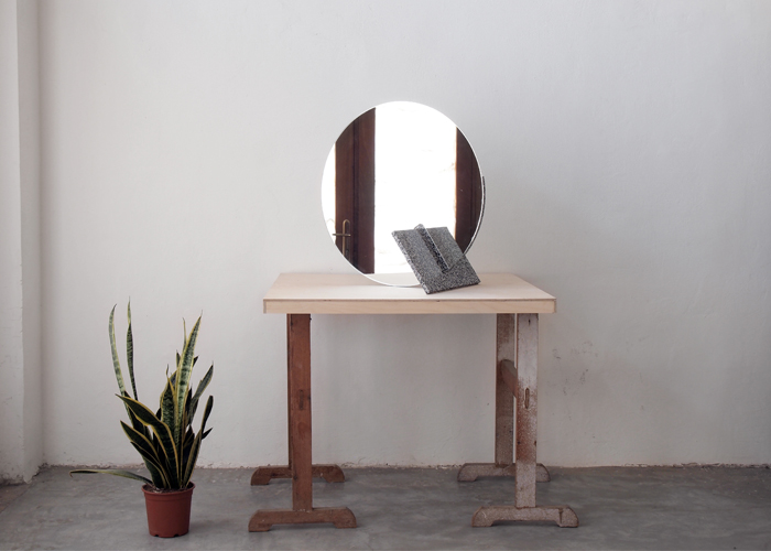 Andrey and Shay: A collection of three mirrors. Each has a slightly different interpretation of the quartz surface, it's weight, shape and texture, so that the material is necessary to the object.