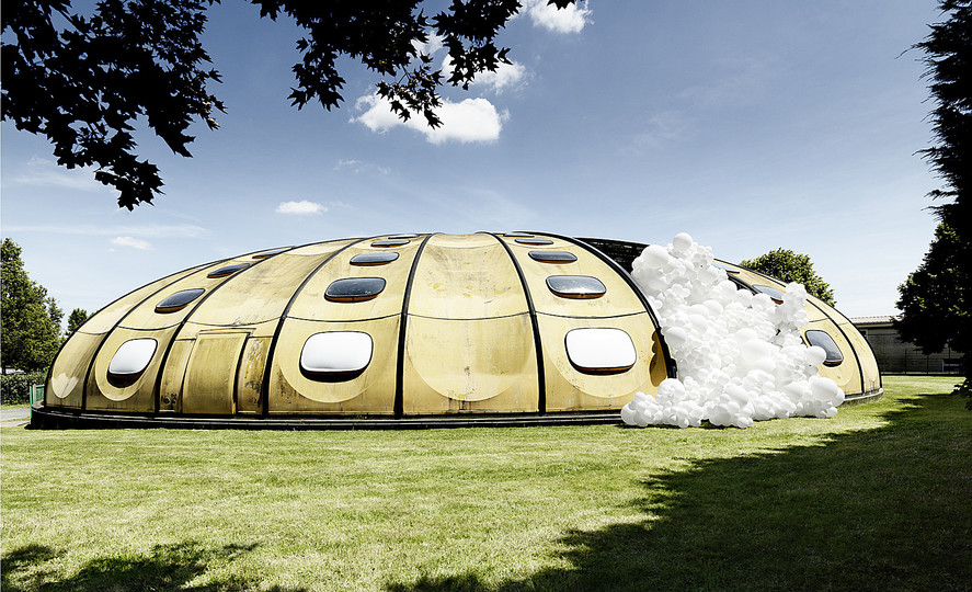 A short history of bubbles: In 'Invasions',  French artist Charles Petillon fills empty structures with white balloons, creating images with an eerie atmosphere as if from a Sci-Fi movie. He does not fill his balloons with helium, but  with Carbon dioxide to illustrate how air pollution has already altered our planet.