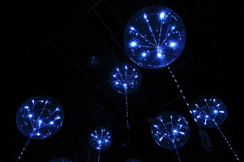 A short history of bubbles: Designer Hideki Yoshimoto's work 'fluff' is a lighting system with floating balloons. The ballons contain LED lights which react to environmental sound by subtly changing color and  illumination.
