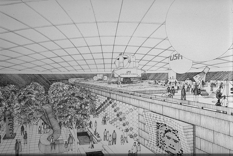 A short history of bubbles: The world exhibition 70 in Osaka featured a variety of inflated exhibition halls. The US Pavillion was the largest free-span inflatable dome of its time.
(U.S. Pavilion for the World Expo Osaka 1970, Interior sketch, by Davis, Brody, Chermayeff, Geismar, deHarak Associates)
